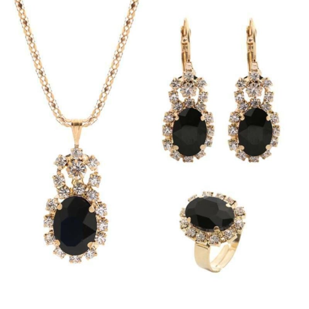 Jet Black Oval Party Jewelry NEW Earrings Necklace Ring 4 Pc Set Festive